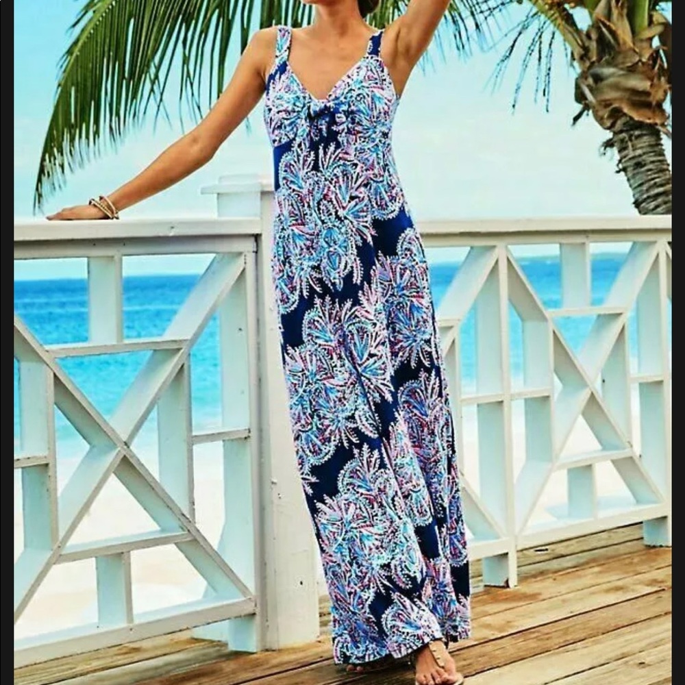 Lilly Pulitzer Maui maxi dress oyster bay blue miss shell size 10 long navy